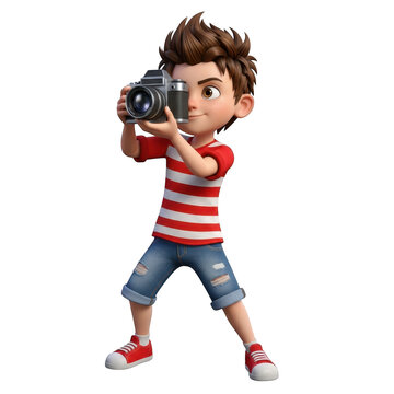 3D cartoon boy holding a camera ready to take a photograph as PNG asset