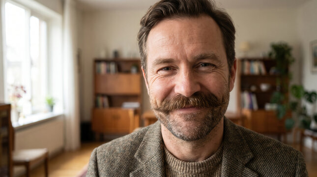 Smiling middle-aged man with a mustache posing for a portrait in a bright home office interior