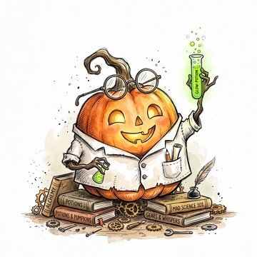 A cheerful carved pumpkin dressed as a mad scientist holding a glowing test tube while sitting on a pile of old books with wearing lab coat