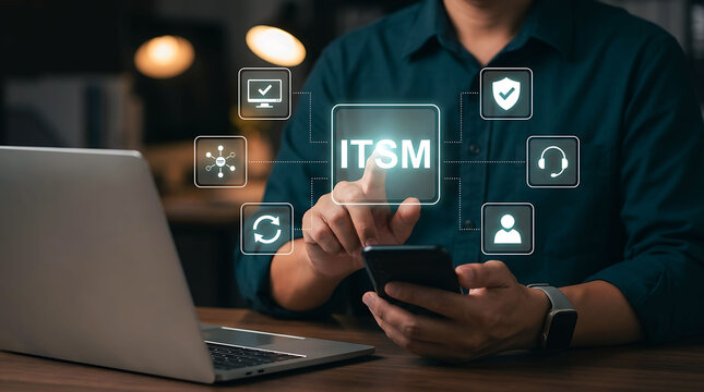 ITSM professional managing IT service management systems with virtual screen