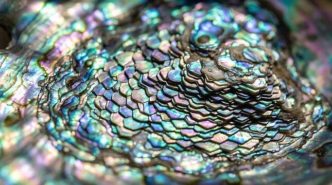 Stunning macro photography of colorful abalone shell interior, featuring iridescent mother of pearl texture, vibrant teal, purple, and green hues for design.