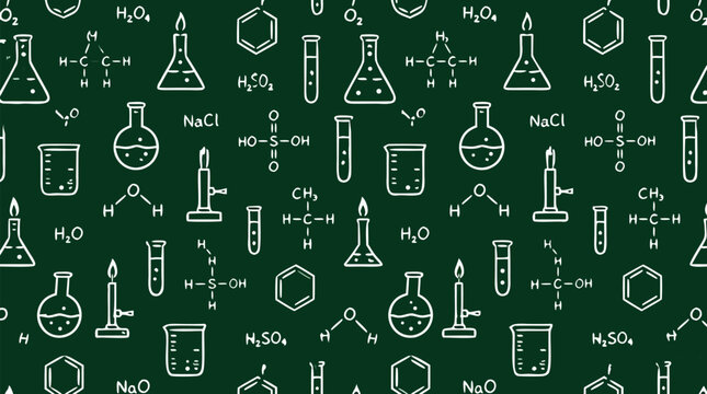 Seamless chalkboard wallpaper pattern covered in white chalk drawings of chemistry test tubes, beakers, laboratory flasks, and molecular formulas, scientific flat vector illustration