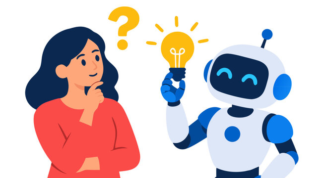 Vector illustration of young woman observing yellow question mark while humanoid robot holds glowing electric lightbulb during collaborative brainstorming on solid white background