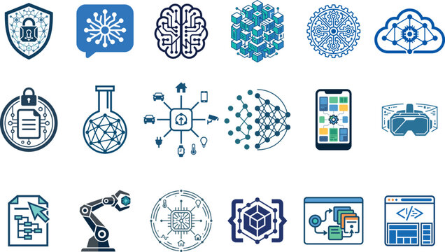 Collection of futuristic technology icons representing artificial intelligence and data science 