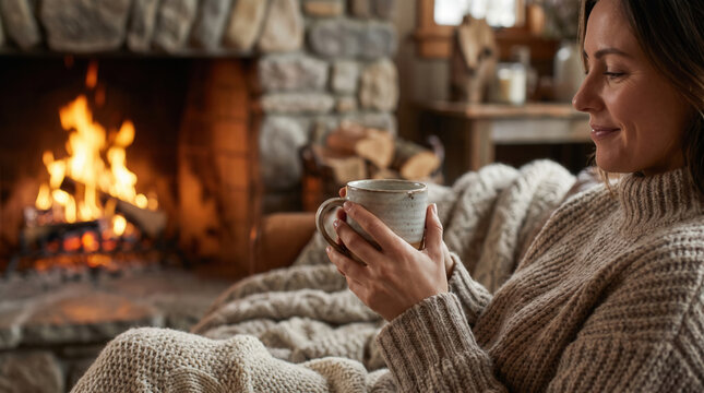 Woman in a knit sweater holding a warm mug while relaxing by a cozy stone fireplace at home
