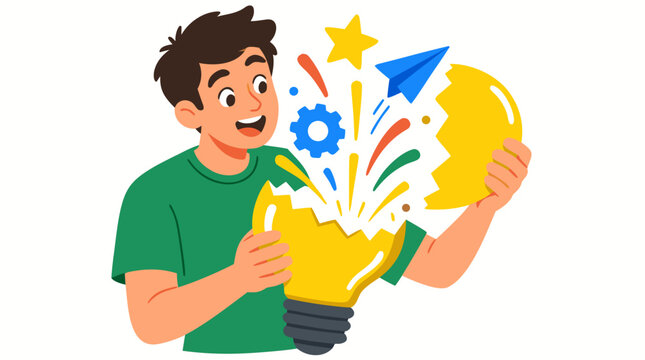 Creative vector illustration of an enthusiastic young man opening a glowing yellow lightbulb that releases a blue paper airplane, mechanical gear, star, and colorful idea sparks on white