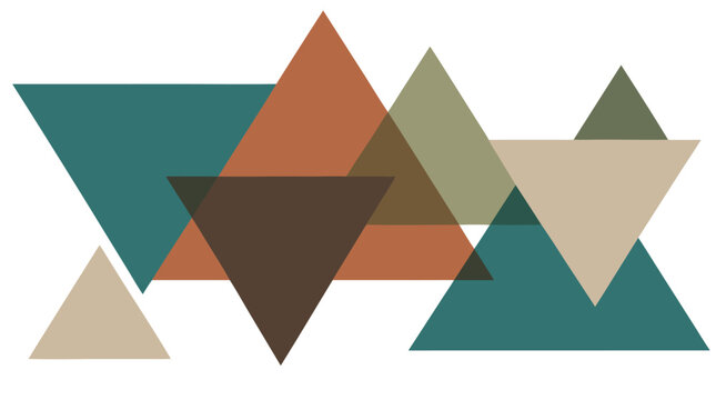 Minimalist geometric vector illustration composed of overlapping translucent triangles in earthy terracotta, muted teal, olive green, and sand beige tones on plain white background