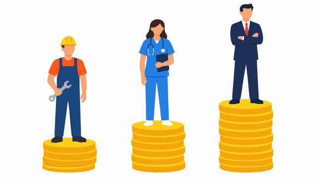 Sociological vector illustration comparing income inequality with a blue collar laborer, a nurse, and a corporate CEO standing on coin stacks of different heights on white background