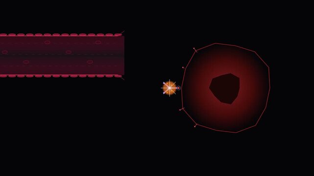 Abstract microscopic view of a red cell interacting with a glowing particle in dark space