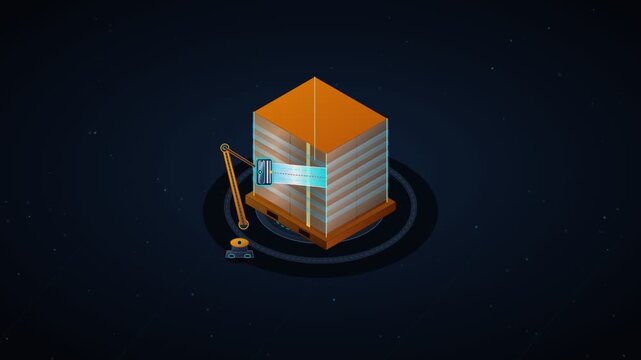 Futuristic isometric illustration of glowing storage pallet and industrial logistics