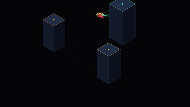 Minimalist isometric digital art with floating dark pillars and a colorful fish swimming in a dark void
