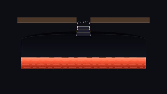 Minimalist pixel art game scene showing a dark underground cave with glowing lava and stairs leading up