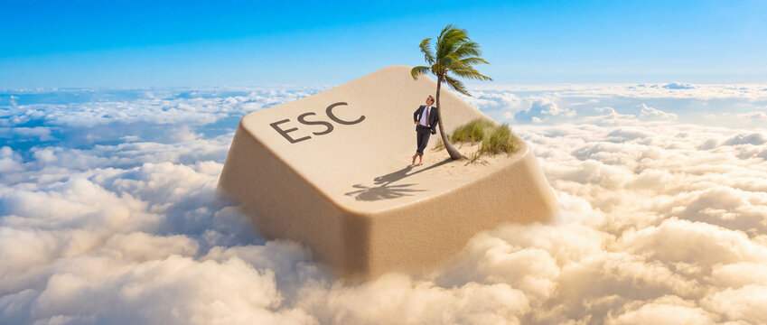Office Worker Rests on a Giant Escape Key Island