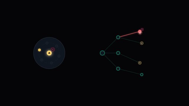 Abstract digital data tree diagram and glowing network nodes on dark background