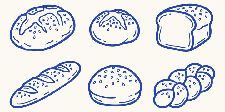 Various hand drawn doodle bread types arranged in a grid on a light background for culinary concepts