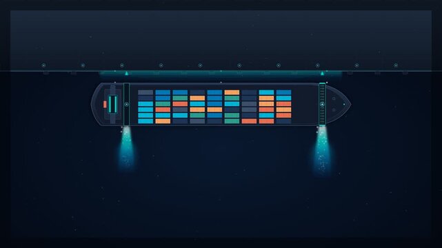 Top view of container ship sailing on dark water at night with illuminated lights