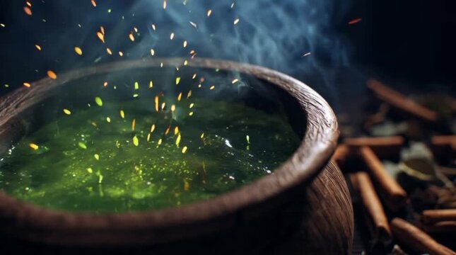 Bubbling magical green potion in a rustic wooden bowl with golden sparks and swirling smoke in fantasy style