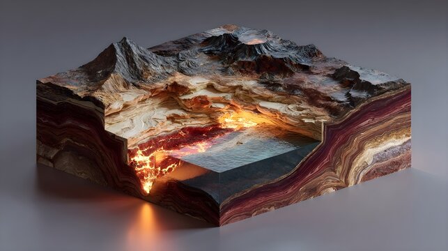 layered earth cube with molten lava and mountain cross section