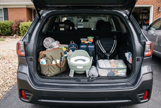 The trunk of a car is filled with baby supplies, including clothes, toys, and a bath seat, ready for a family outing. A few bags and a stroller are organized neatly