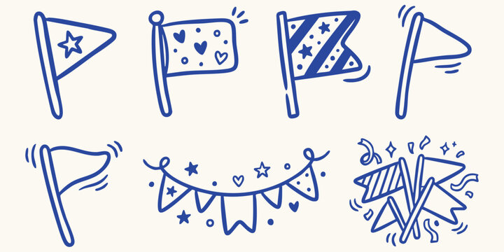 Various hand drawn doodle flags and bunting displayed on a light background during a celebration concept