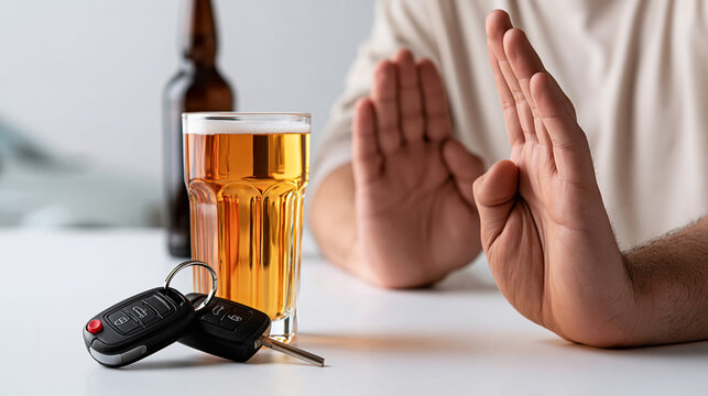 Close-up of car keys beside a beer glass while a hand forms a stop gesture, do not drink and drive, responsible transportation, accident prevention, public safety campaign, with