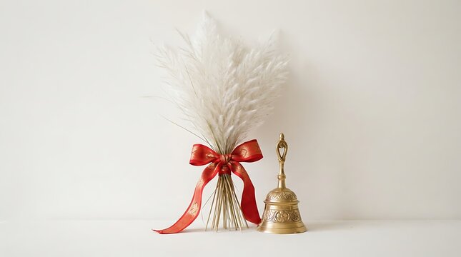 Decorative white feather bouquet with red ribbon and small bell on neutral background