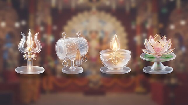 Four decorative durga puja lamps with floral and flame motifs displayed on ornate stands in a temple setting