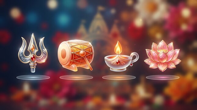 Hindu durga puja ritual icons featuring trident, elephant head, diya lamp, and lotus on dark gradient background