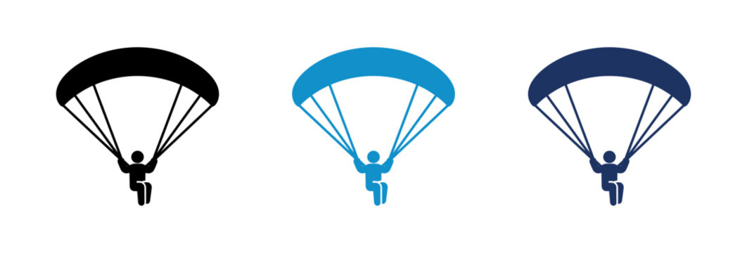 Paragliding and skydiving icons set featuring skydiver silhouettes with parachutes in black and blue colors.