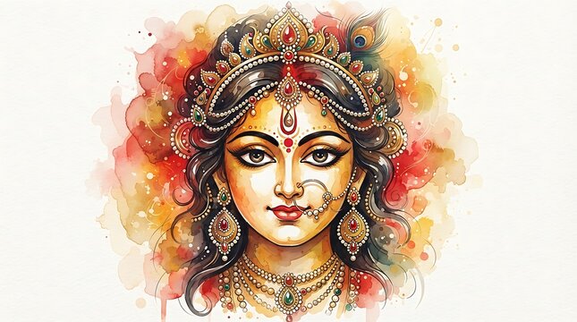South Asian goddess illustration with intricate headdress and jewelry in vibrant watercolor style