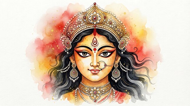 Hindu goddess durga with traditional jewelry and ornate headdress in vibrant watercolor style