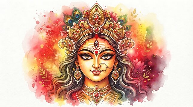 Hindu goddess durga illustration with intricate jewelry and traditional headdress in vibrant watercolor style