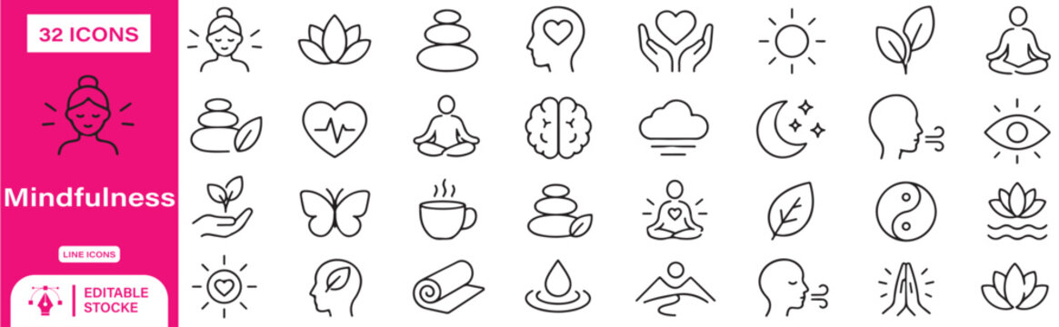 Mindfulness and zen practice line art icon set with mindfulness meditation wellness