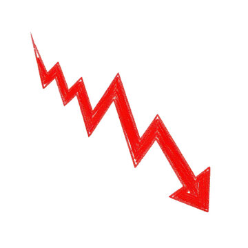 A red arrow pointing downwards in a jagged line isolated on transparent background