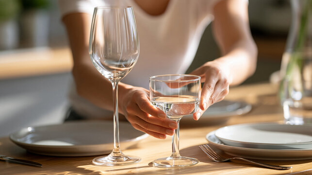 Woman placing an empty wine glass aside and choosing sparkling water at a dinner table, alcohol-free lifestyle, wellness, healthy alternatives, mindful choices, sober socializing,
