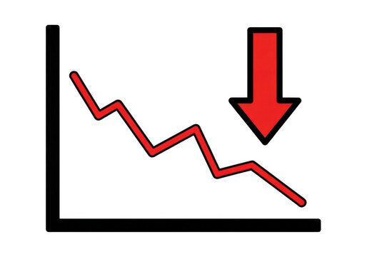 A red arrow pointing down on a declining line graph isolated on transparent background