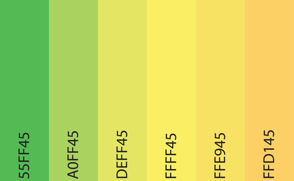 Gradient of vibrant green yellow and orange colors with hex codes displayed