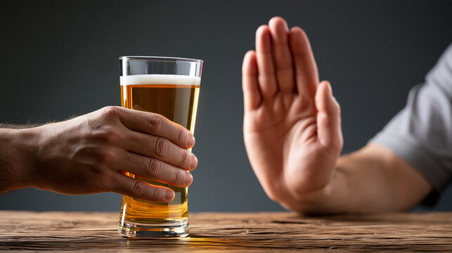 Close-up of two hands, one offering a beer and the other making a stop gesture, alcohol refusal, social pressure, personal boundaries, responsible choices, addiction prevention,