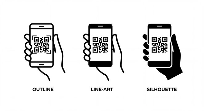 Three different icon styles of a human hand holding a smartphone with silhouette graphic styles holding mobile phone code screen outline line art silhouette with illustration
