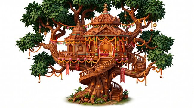 Fantasy treehouse with intricate golden details