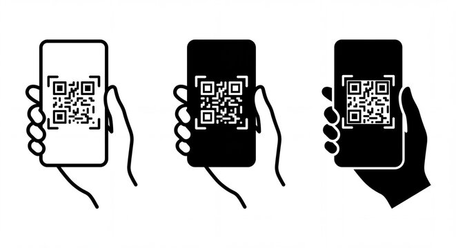 Three different styles of hand holding a smartphone to scan a quick response code icon set with icon designs with holding mobile device, designs featuring, collection three