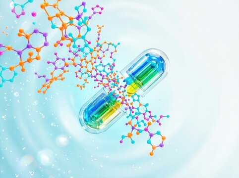 Conceptual image showing an active medical capsule releasing complex molecular structures, simulating a advanced pharmaceutical delivery in a liquid environment, dynamics, release, rendering