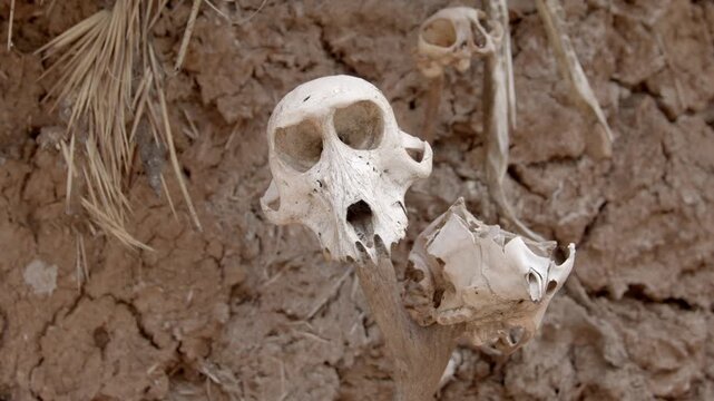 A monkey skull sits on a branch in a village in Ethiopia for animistic rituals.