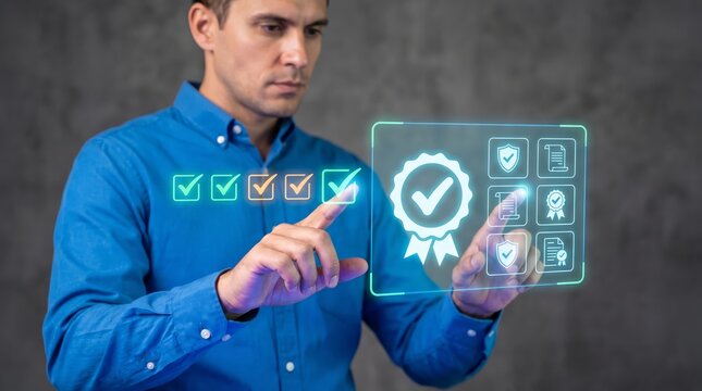 A man in a blue shirt interacts with a glowing digital interface displaying quality assurance and compliance certification icons against a textured grey background