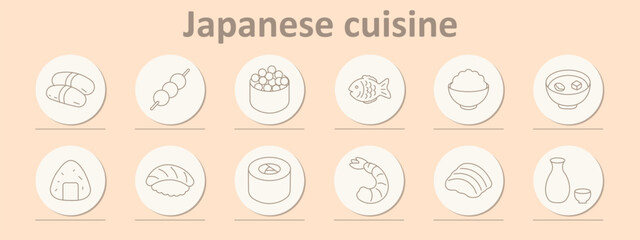 Japanese cuisine set icon. Onigiri pair, dango skewer, ikura sushi, fish form, rice bowl, miso soup, rice ball, nigiri sushi, maki roll, shrimp form, piece, sake set. © Anastasia