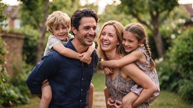 Close-up of a family of four; the father and mother are smiling with genuine joy while their young son and daughter cling to their backs, arms wrapped around their shoulders.