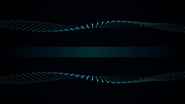 Abstract turquoise digital waves formed from small particles and lines on a dark background, symbolizing technology and data flow