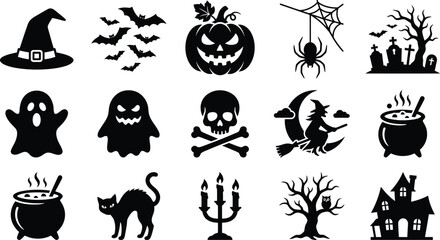 Fototapeta premium Set of black silhouette halloween icons including pumpkin witch ghost skull bat and haunted house isolated elements
