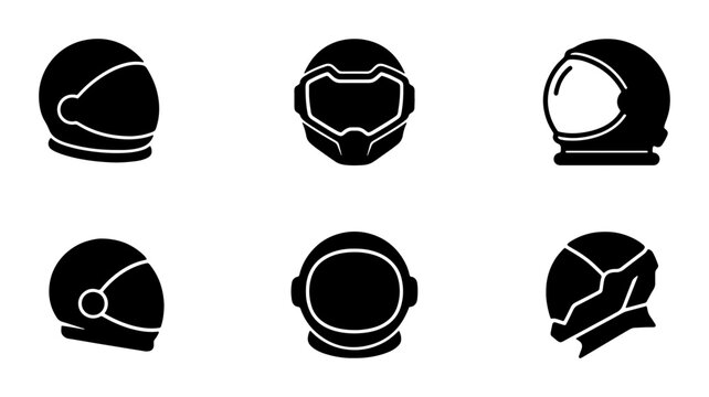 Space Helmets Icons Collection, Futuristic Astronaut Gear, Sci-Fi Headwear Set, Vector Graphics