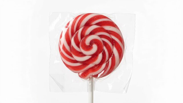 red swirled lollipop wrapped in clear plastic packaging isolated on white background. sweet sugary candy treat on stick. childhood dessert concept. party invitation, menu design element.